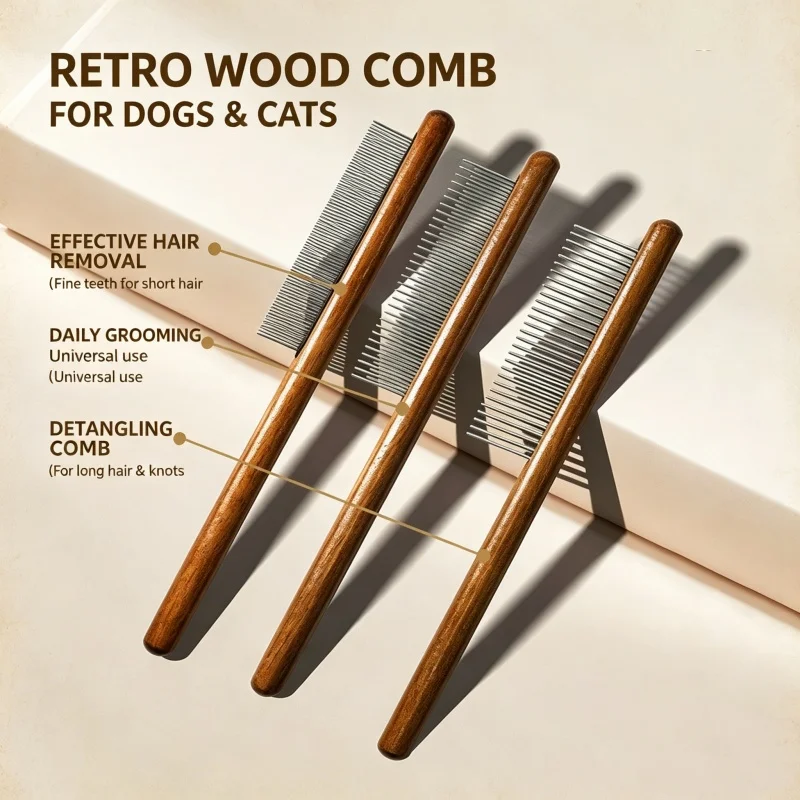 Cepillo pelador de acero inoxidable con mango madera para gatos y perros - imagen 4