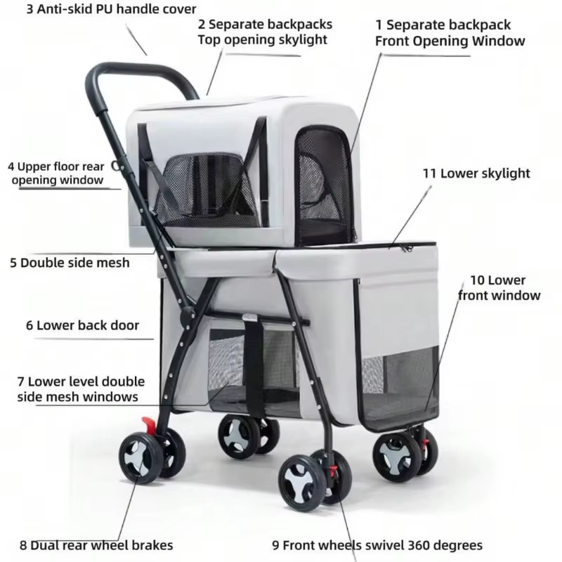 Carrito doble para perros pequeños y gatos – Plegable con transportador