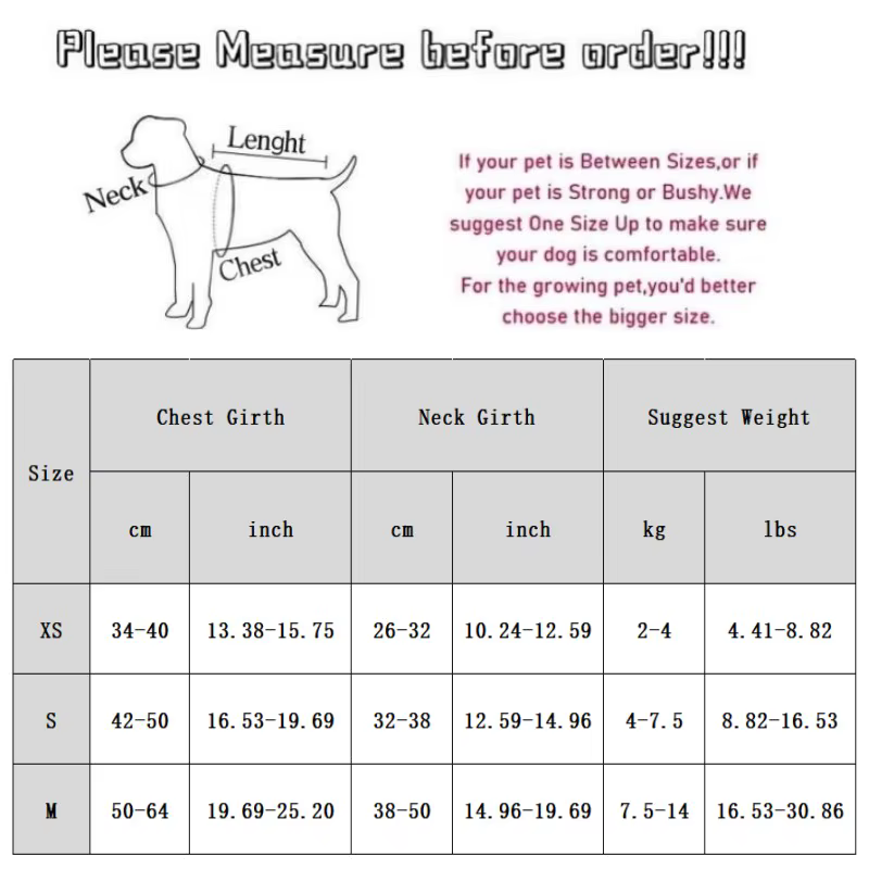 Tabla de medidas orientativa