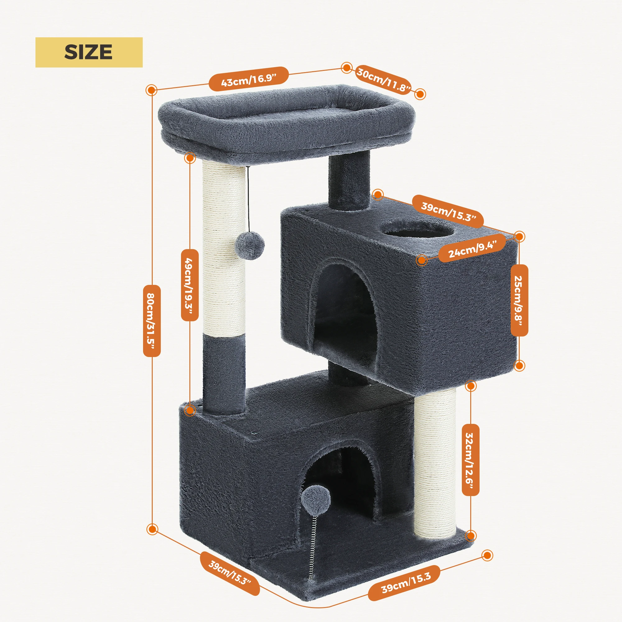 Rascador para gatos 80 cm 3 niveles doble cueva y pelota - imagen 2