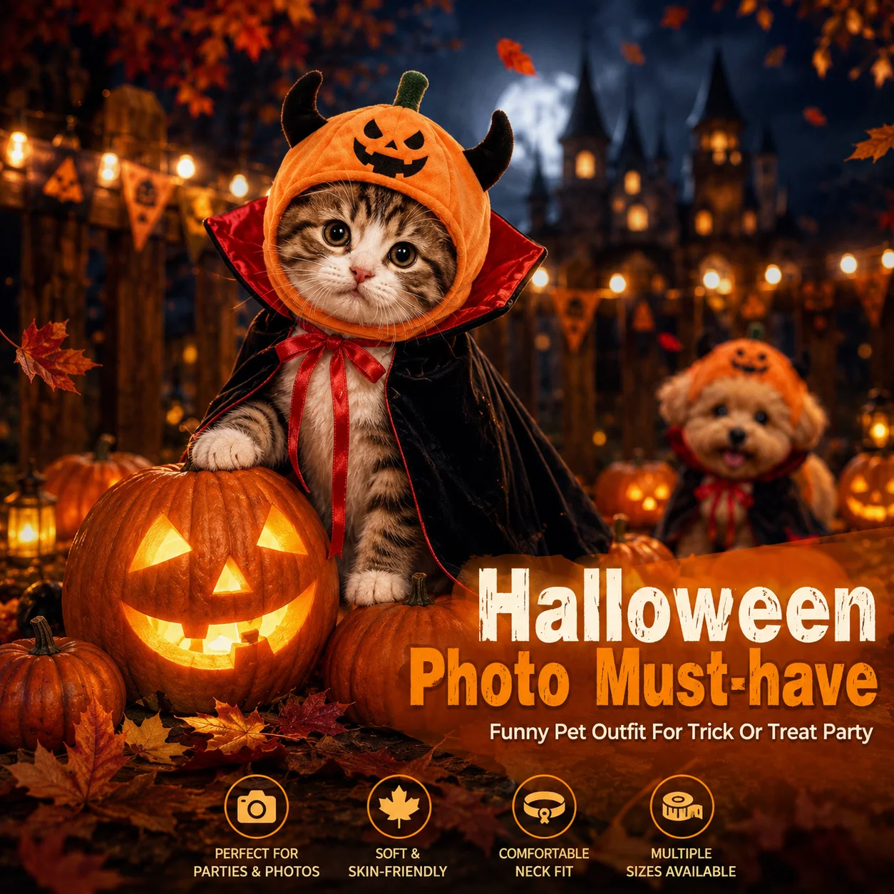 Disfraz vampiro Halloween para gatos y perros – Capa y sombrero calabaza - imagen 3