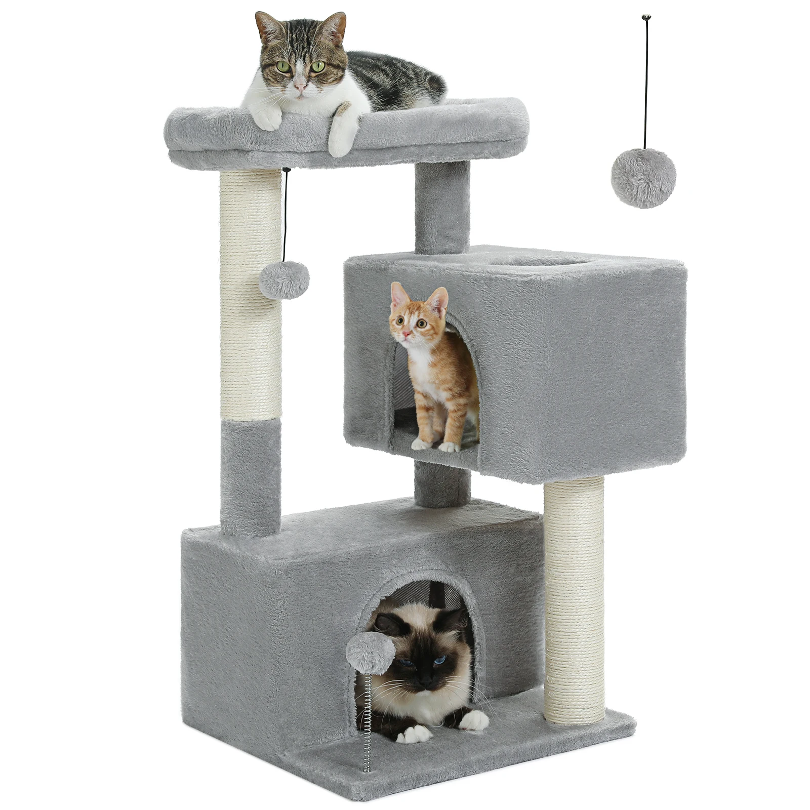 Rascador para gatos 80 cm 3 niveles doble cueva y pelota - imagen 5