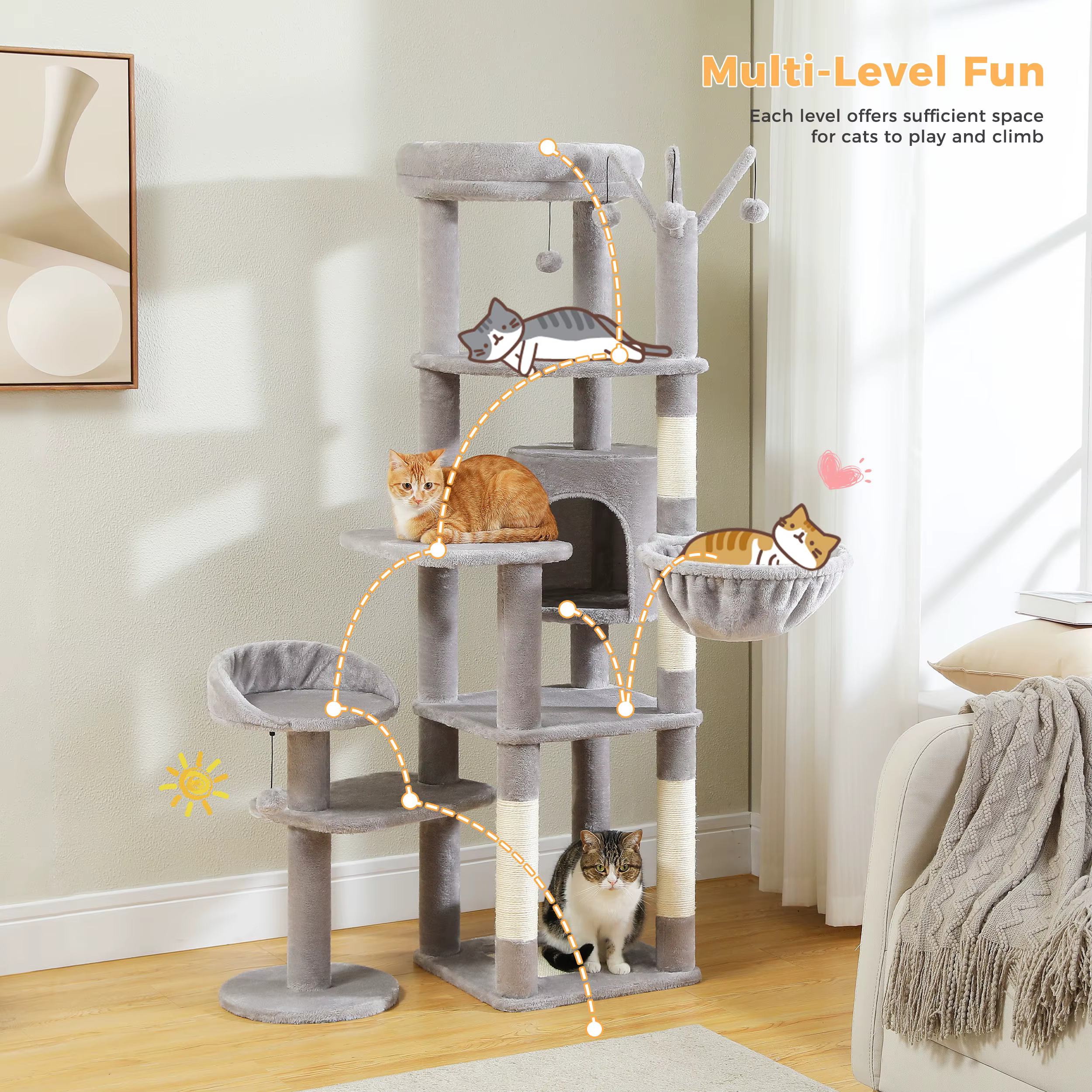 Árbol rascador multinivel para gatos con hamaca, cama y sisal - imagen 2