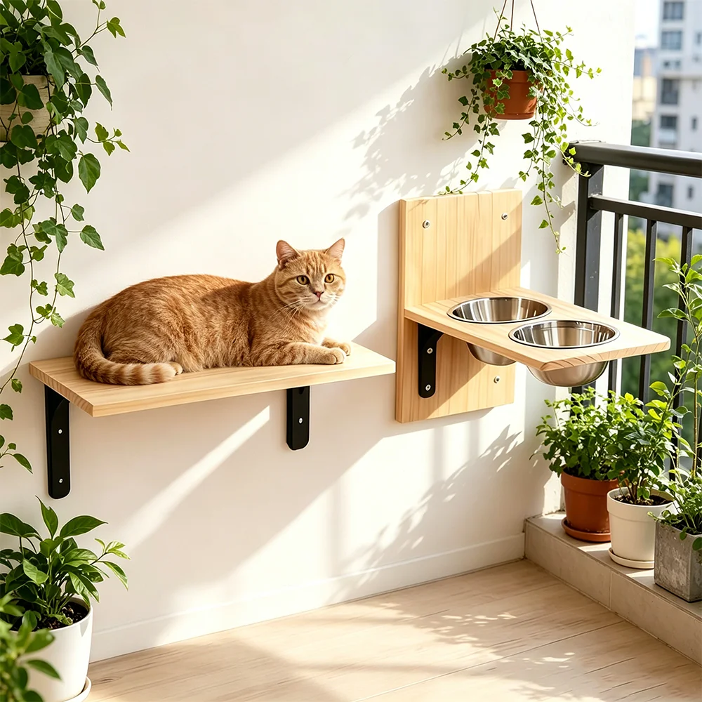 Comedero de pared para gatos con estante y tazones de acero - imagen 4
