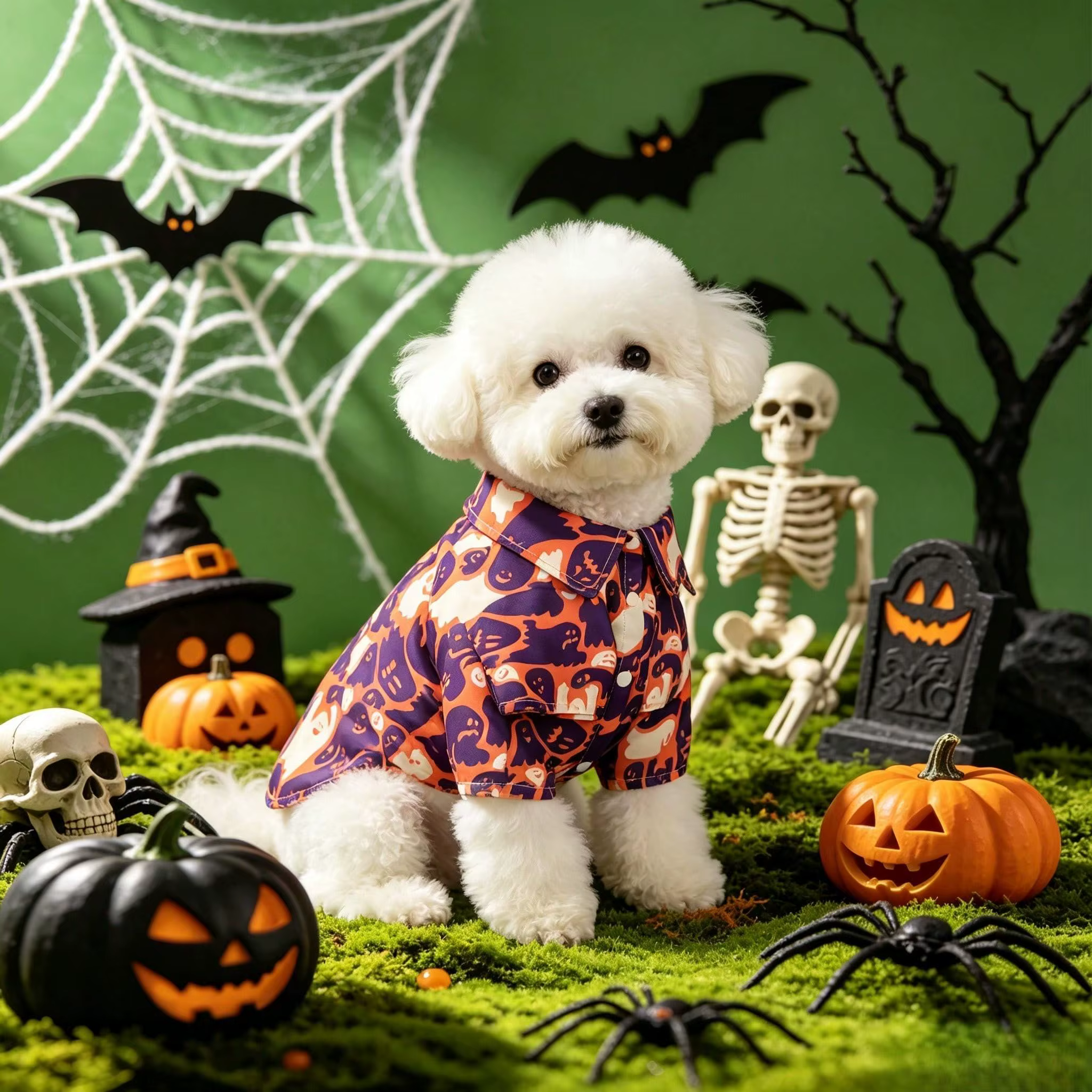 Detalle del estampado de fantasma espeluznante en la camiseta para mascotas
