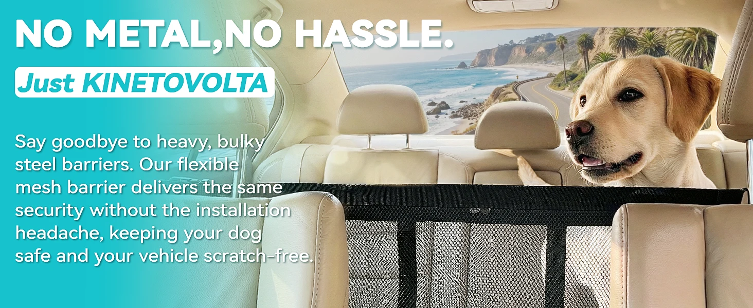 Barrera para perros en el coche mostrando la malla transpirable y el cierre