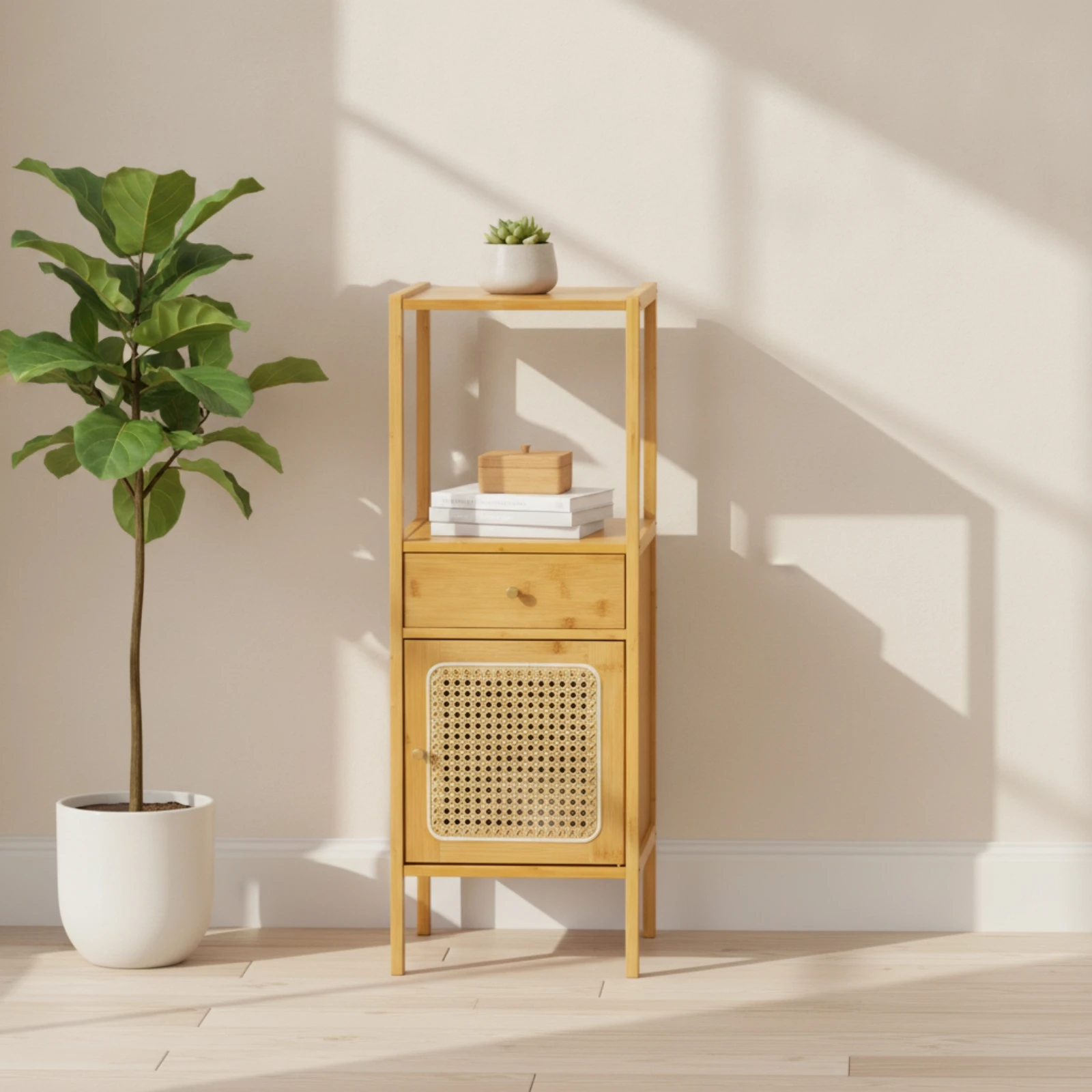 Soporte plantas con cajón y estante – Mueble delgado para salón - imagen 2