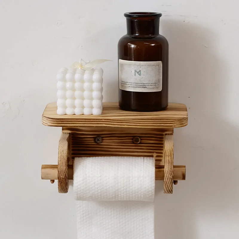 Portarrollos de papel para baño con estante y dispensador madera - imagen 2
