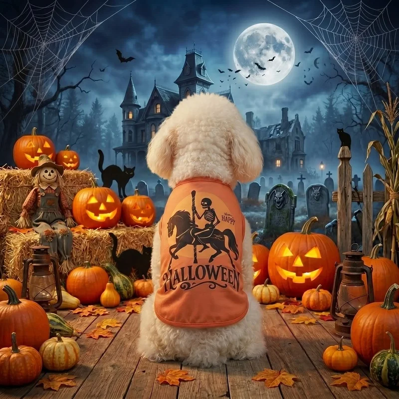 Camiseta Halloween sin mangas perro gato estampado esqueleto - imagen 2