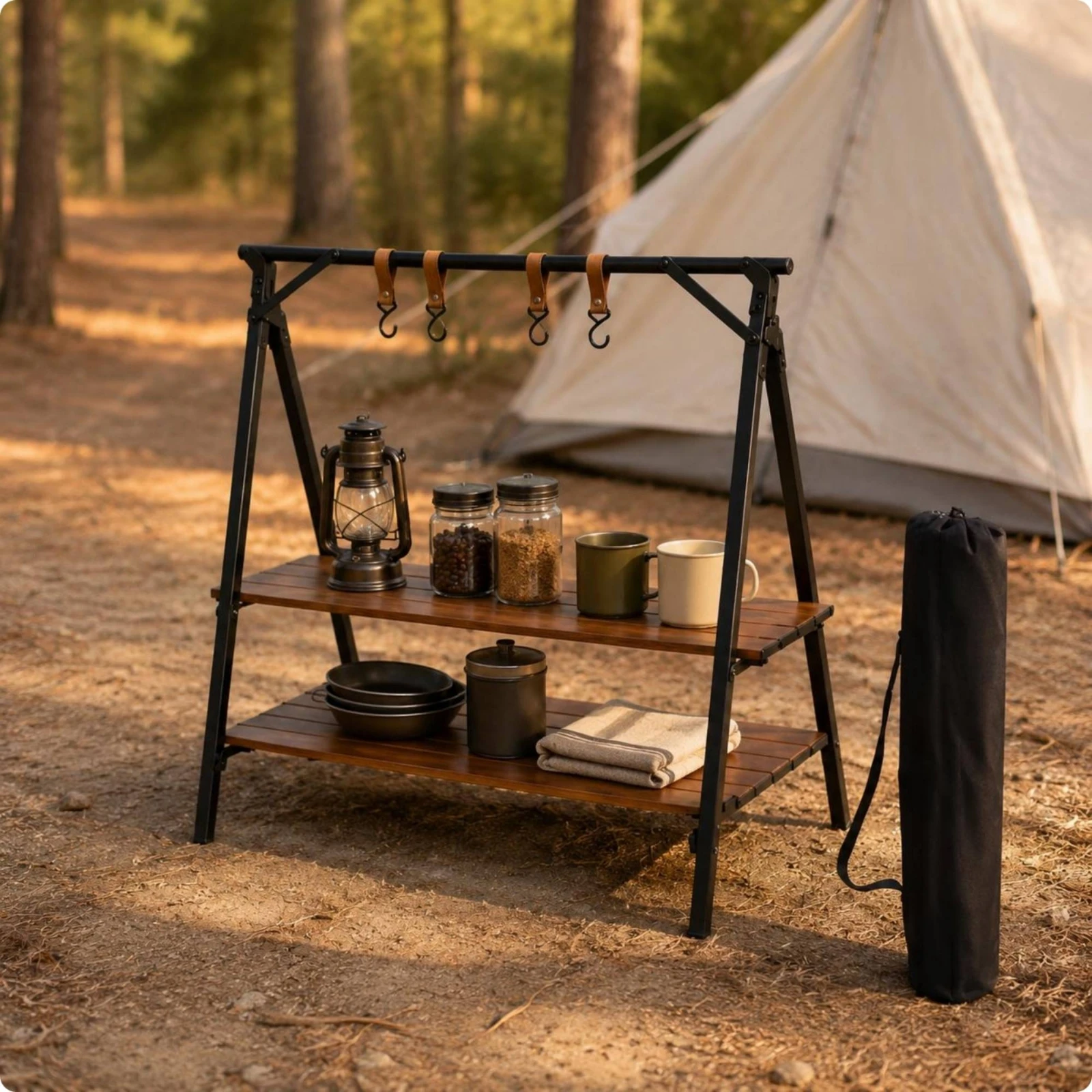 Estantería plegable de madera para camping con gatos y perros
