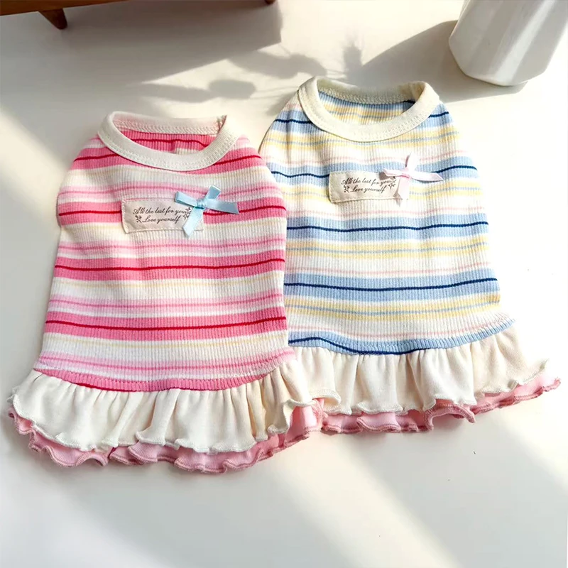Vestido verano a rayas algodón con lazo rosa para gatos y chihuahua - imagen 3