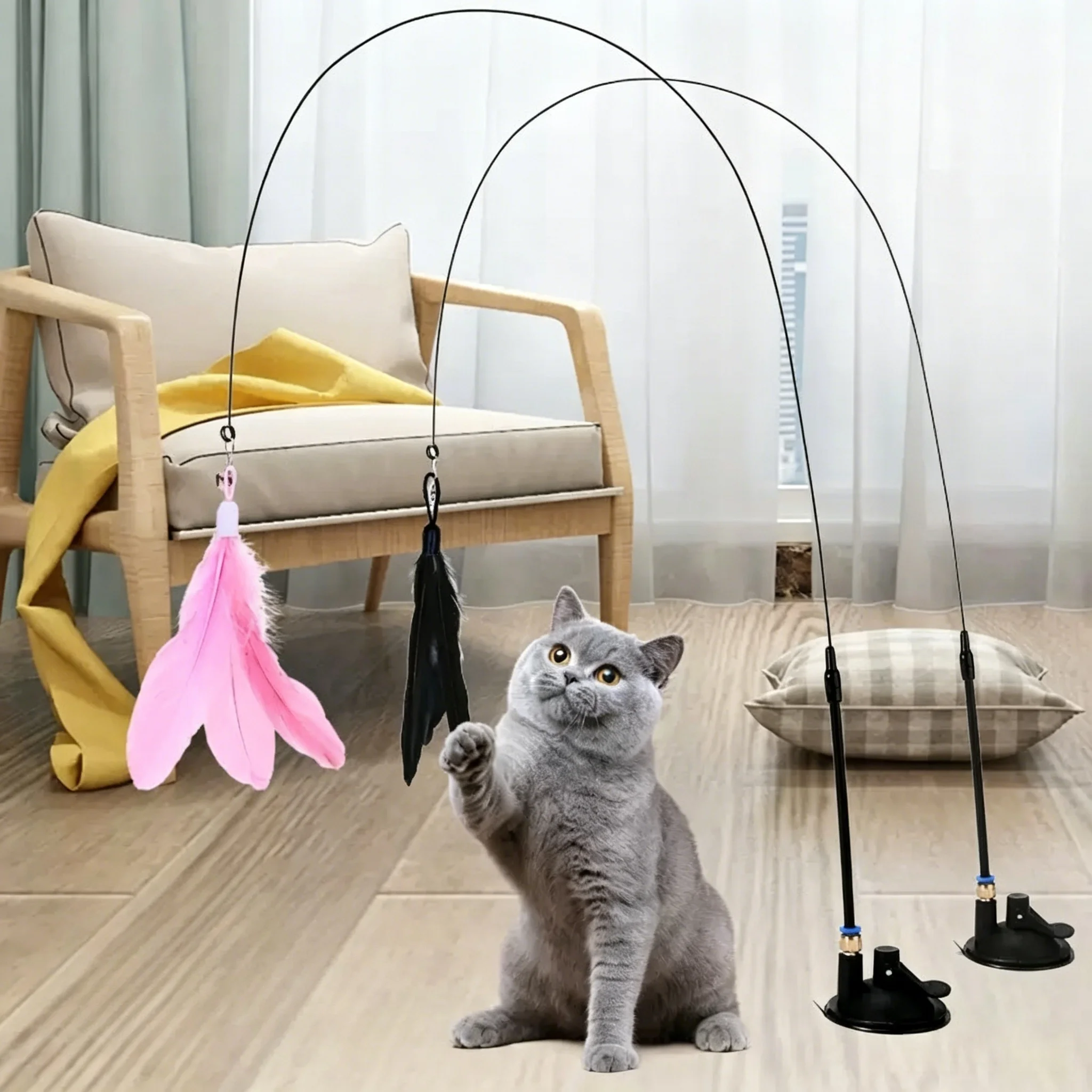 Varita juguete para gatos con plumas artificiales y base de succión - imagen 5