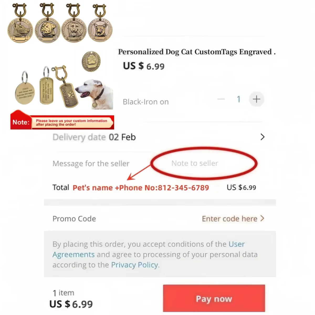 Placa identificación grabada para perros y gatos de bronce, con nombre - imagen 2