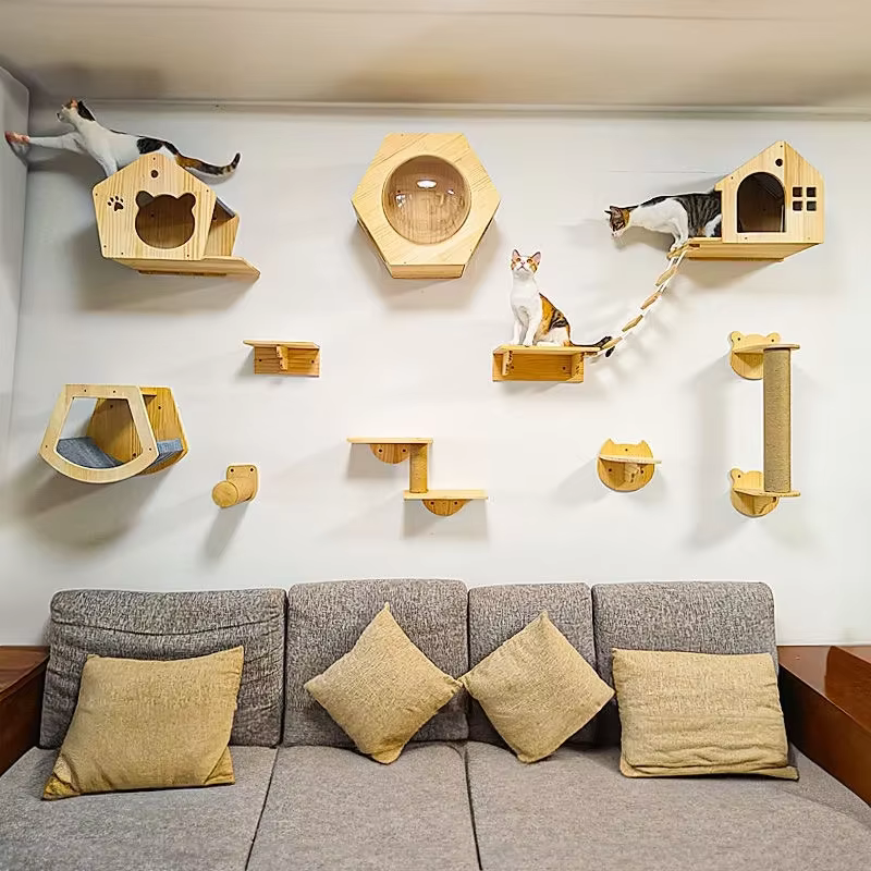Estructura de escalada mural para gatos con hamaca y poste de sisal - imagen 2