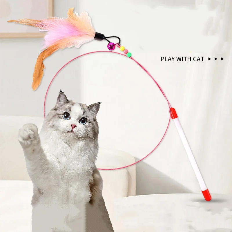 Juguete para gatos con plumas y campana: palo de acero para jugar