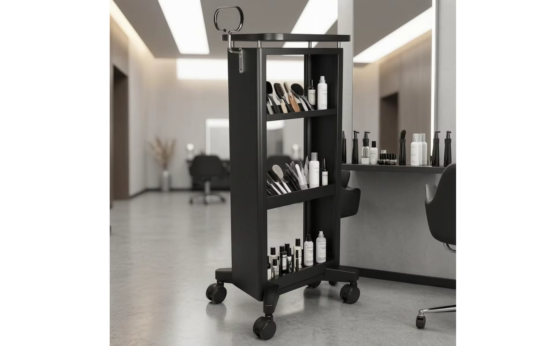 Carrito negro de metal para estación de estilistas