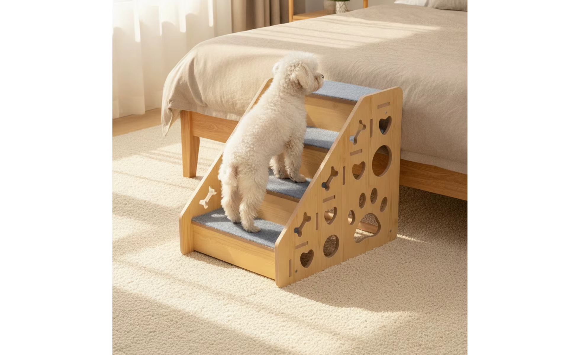 Escalera colocada junto a cama y sofá en ambiente real