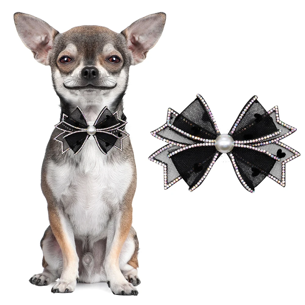 Lazos con pedrería negra y perlas removibles para collar de perro - imagen 2