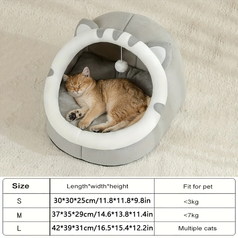 Cama cueva cálida de felpa con pompón para gatos y perros pequeños - imagen 2