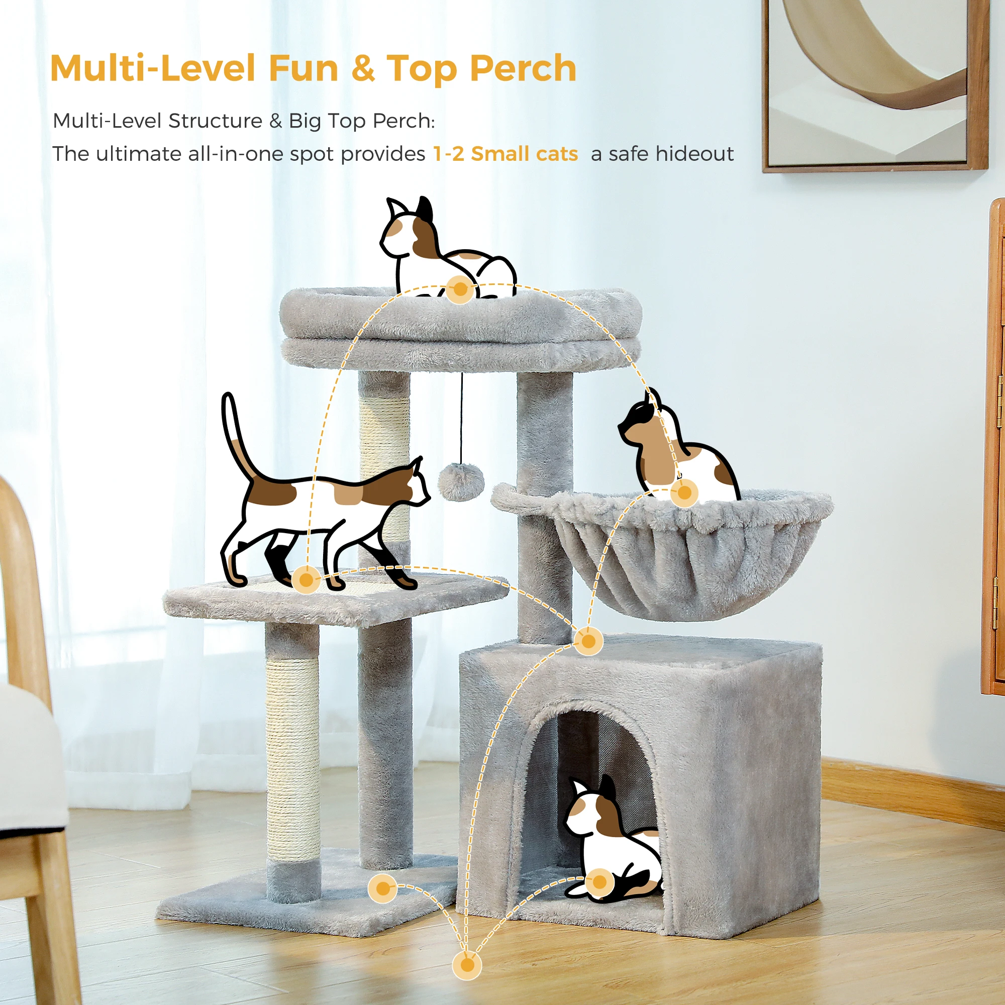 Árbol para gatos beige y gris en entorno interior