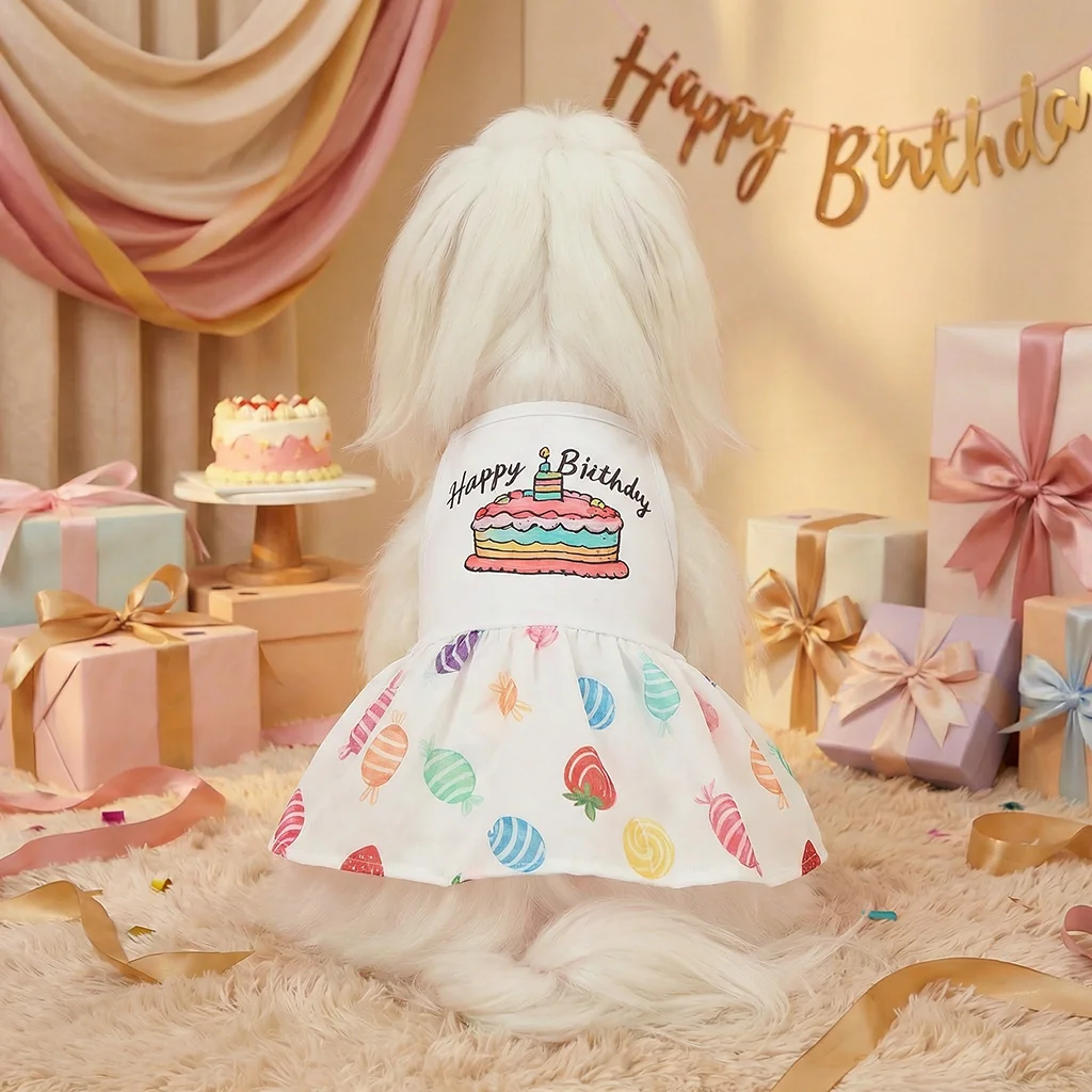 Vistazo frontal del vestido para perros con colores pastel
