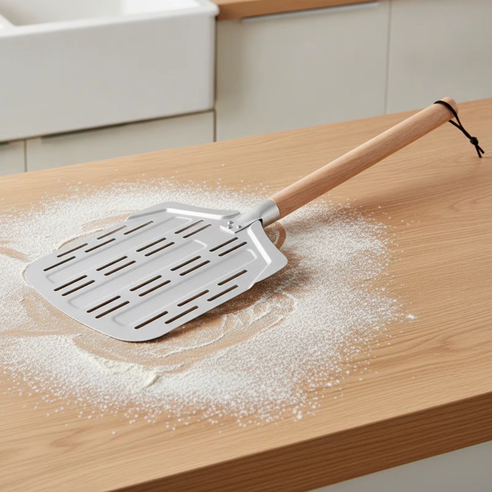 Pala para pizza perforada con mango de madera