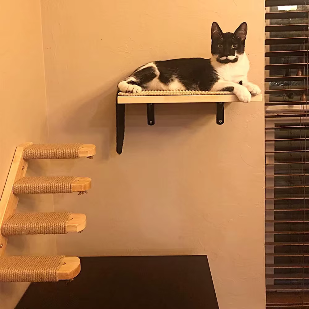 Rascador mural para gatos con plataformas de madera y poste de sisal - imagen 5