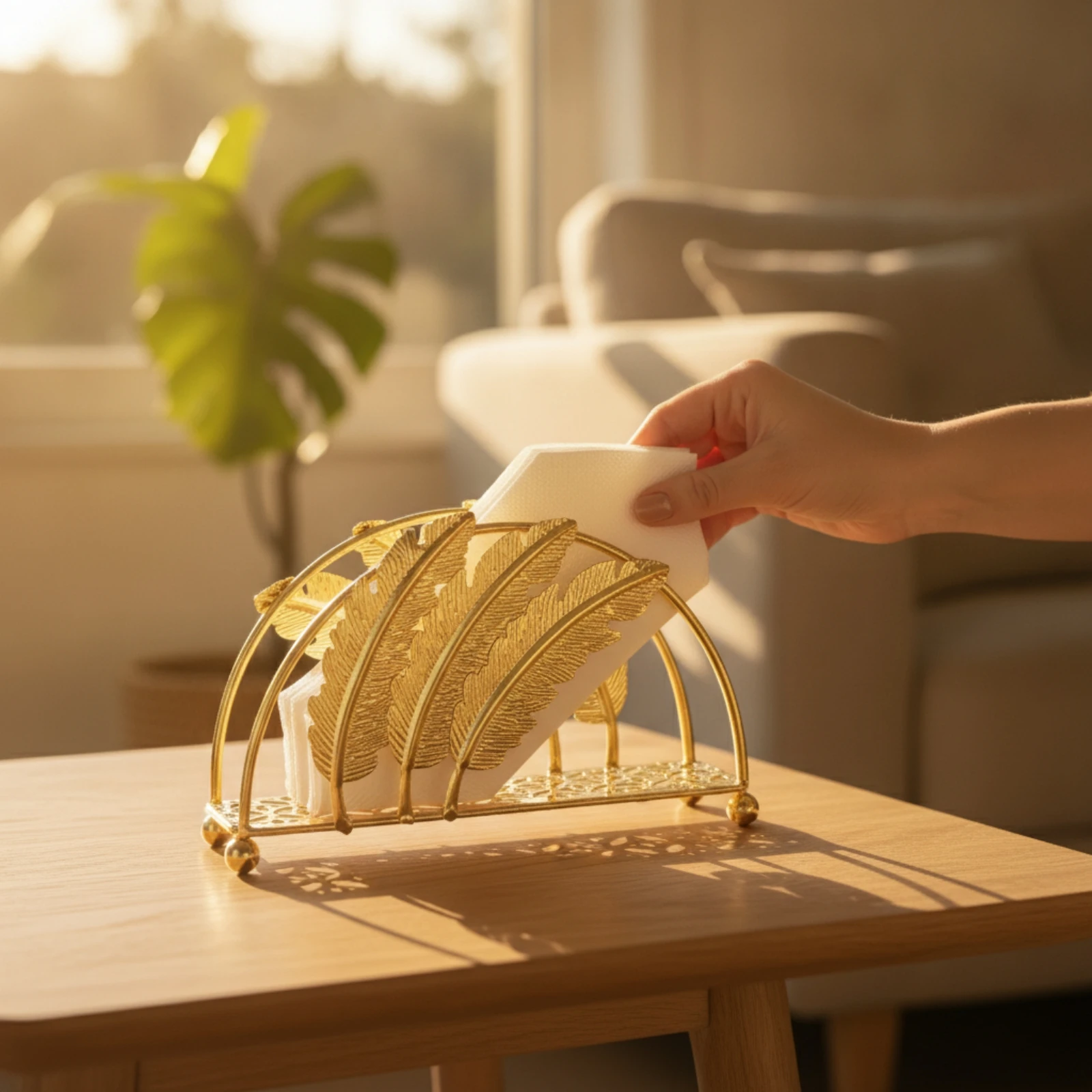 Porta Servilletas Metálico con Plumas – Dispensador Elegante para Mesa - imagen 4