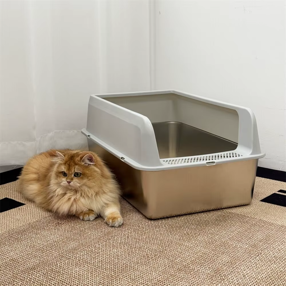 Caja arena acero inoxidable para gatos semiajustable, fácil limpiar