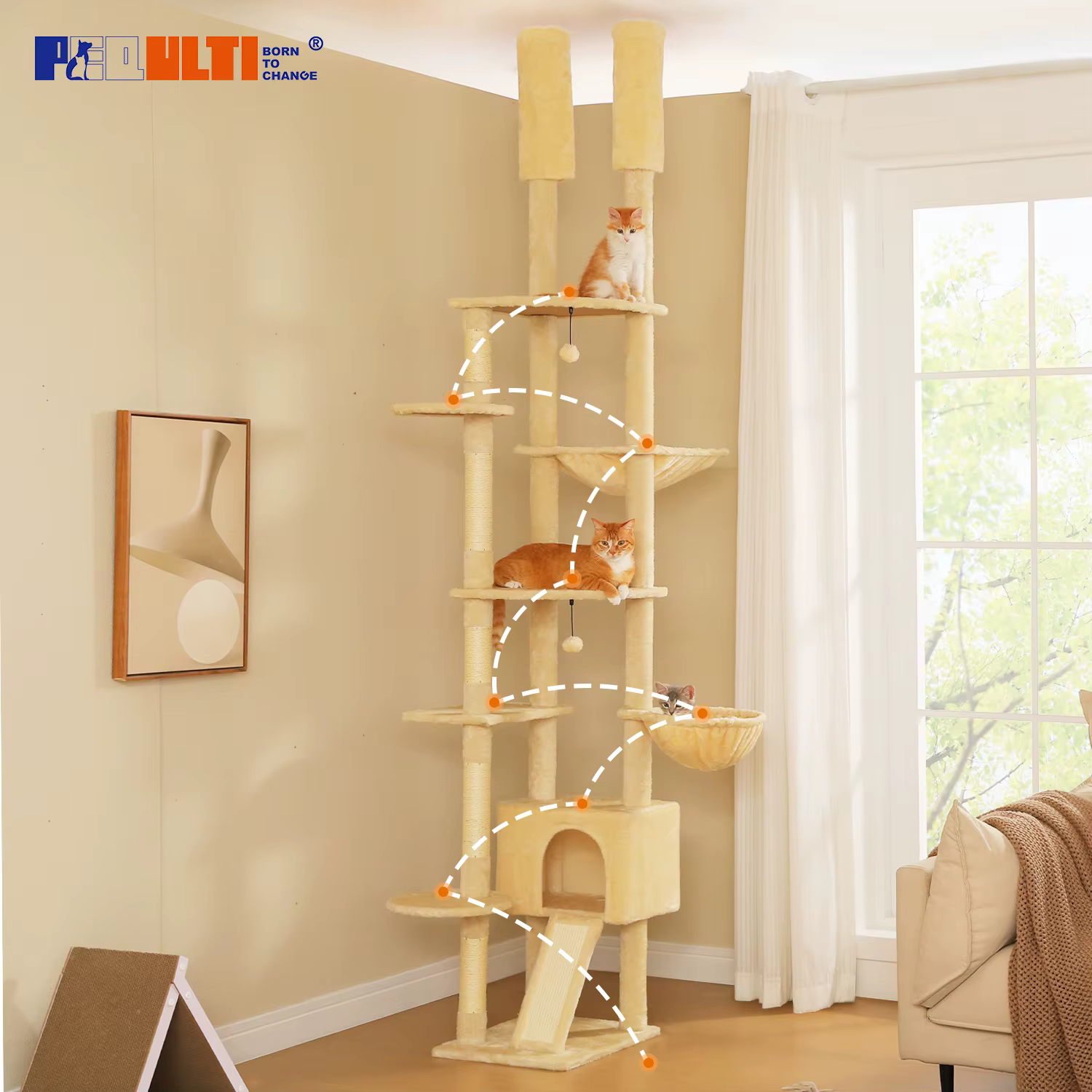 Torre ajustable para gatos piso a techo con rascador de sisal - imagen 4
