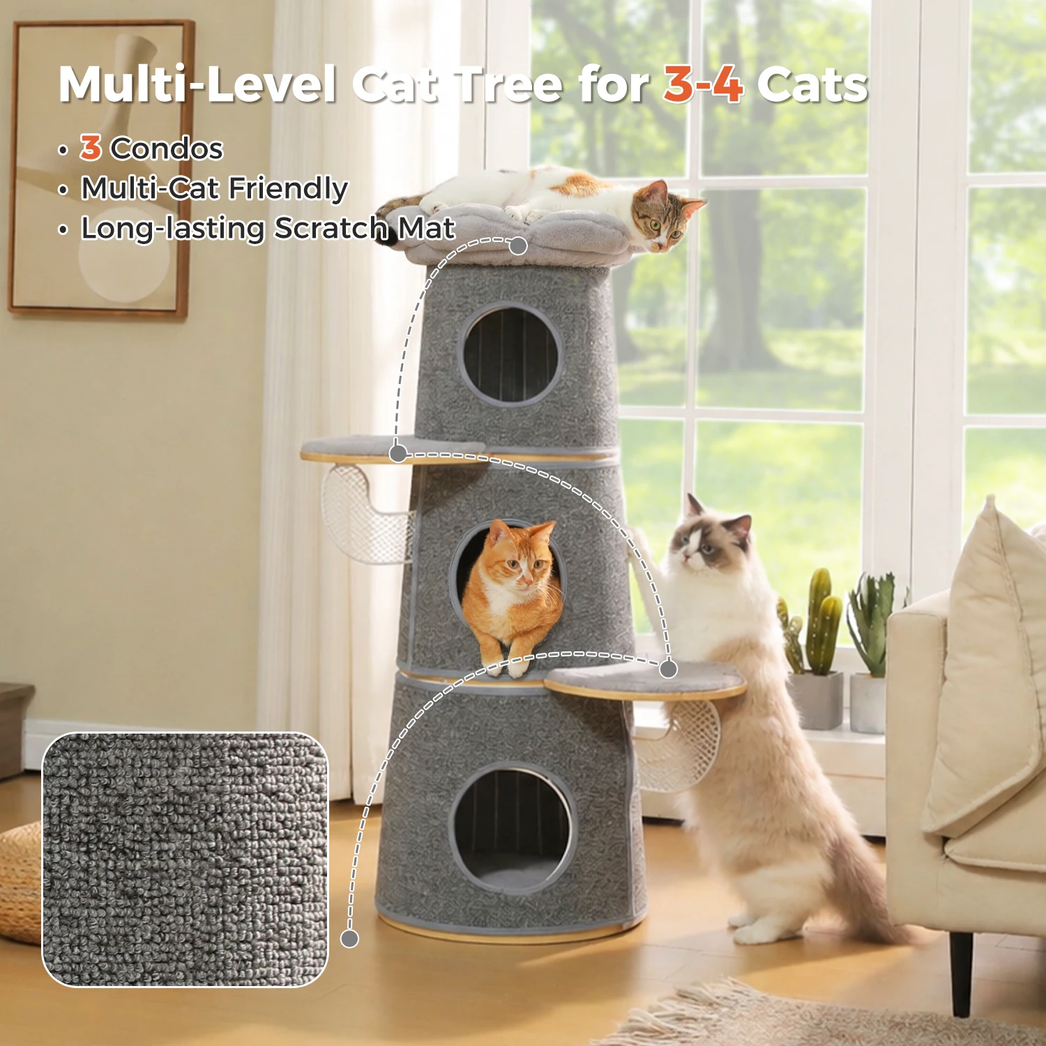 Árbol para gatos con 3 condominios, rascador y estructura metálica