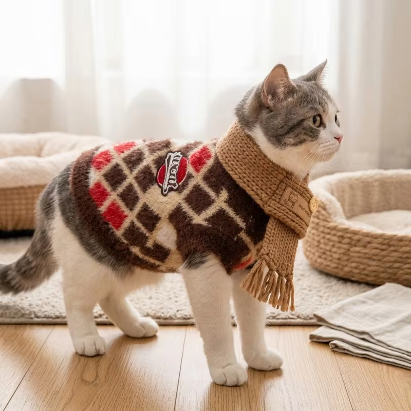 Suéter Tejido con Bufanda para Perro Chihuahua y Gato – Abrigo Cuadros - imagen 4