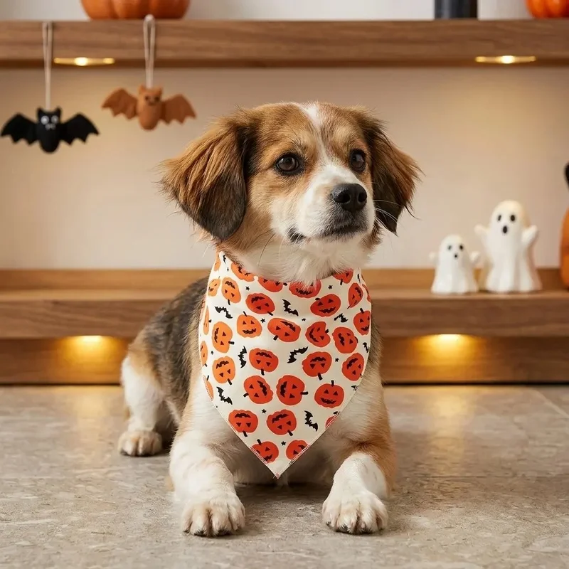 Bandana Halloween para Perros y Gatos – Pañuelo Estampado Calabaza y Murciélago - imagen 5