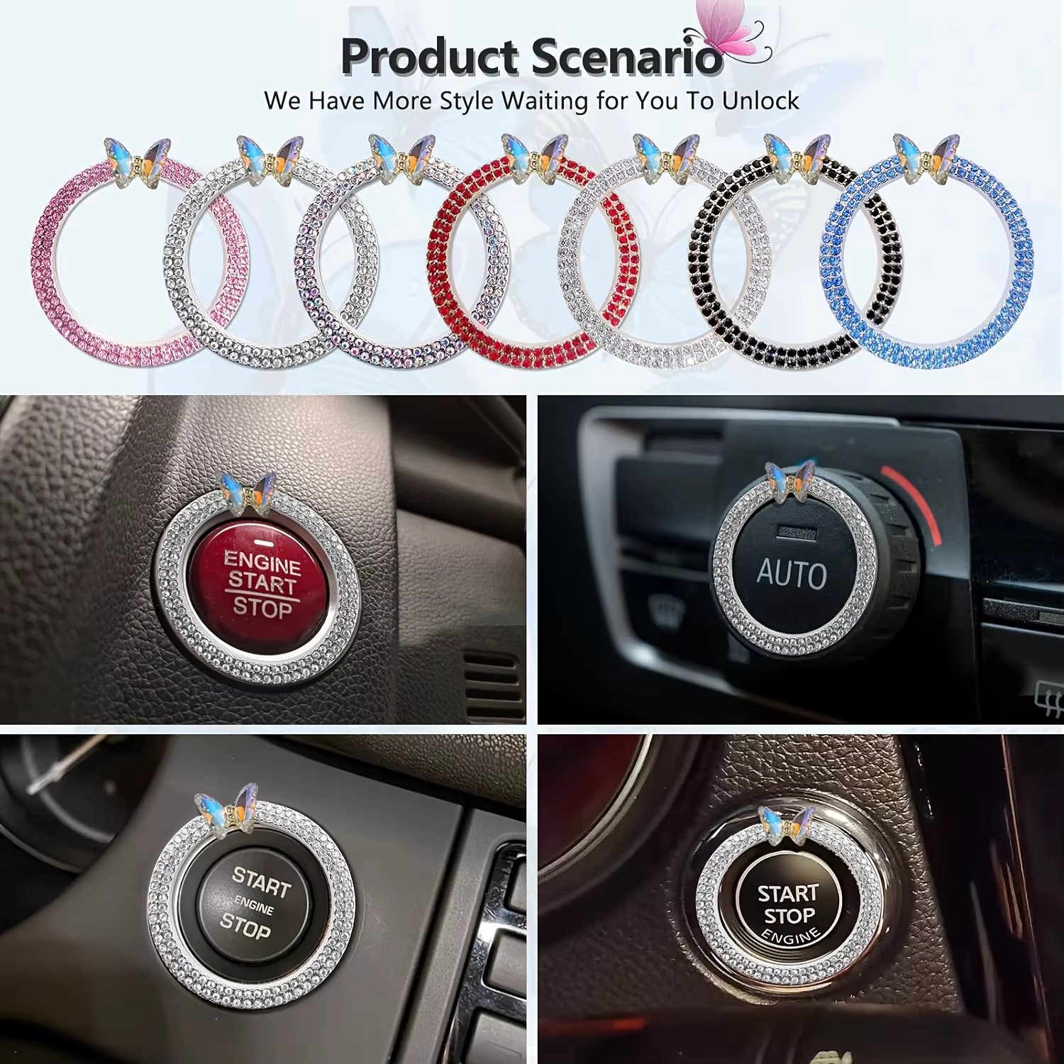 Cubre botón de encendido coche mariposa brillante acero inoxidable - imagen 4