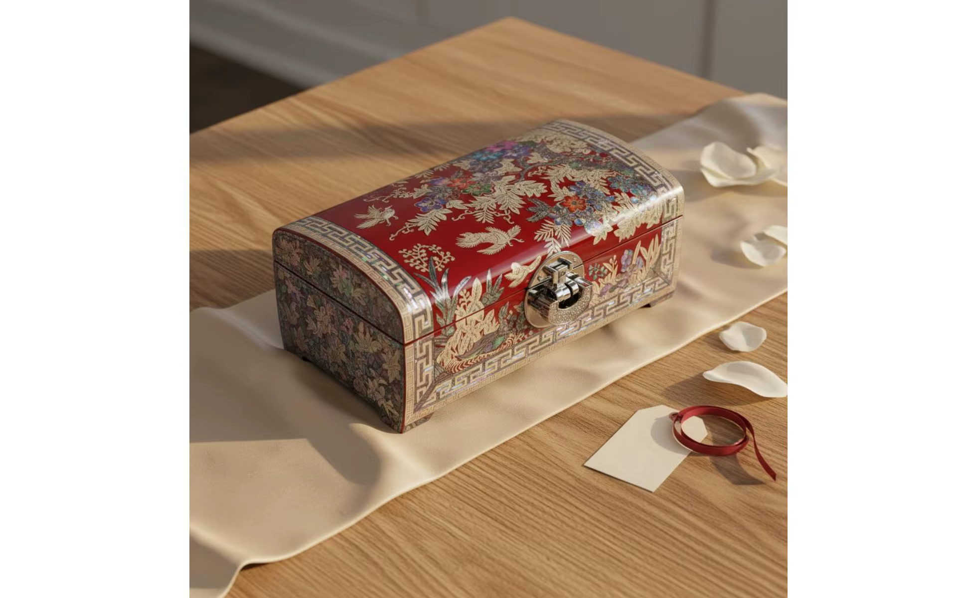 Caja sobre tocador con joyas
