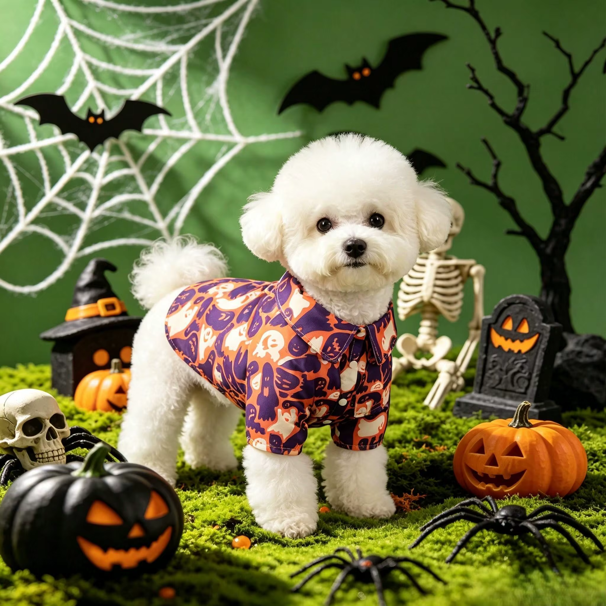 Camiseta de Halloween para perro y gato mostrando el ajuste cómodo