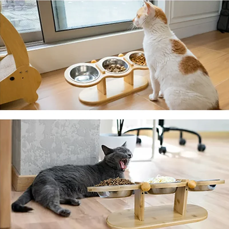 Comedero elevado madera acero 3 tazones para perro y gato - imagen 5