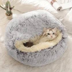 Cama nido redonda de felpa para gatos y perros pequeños semicerrada