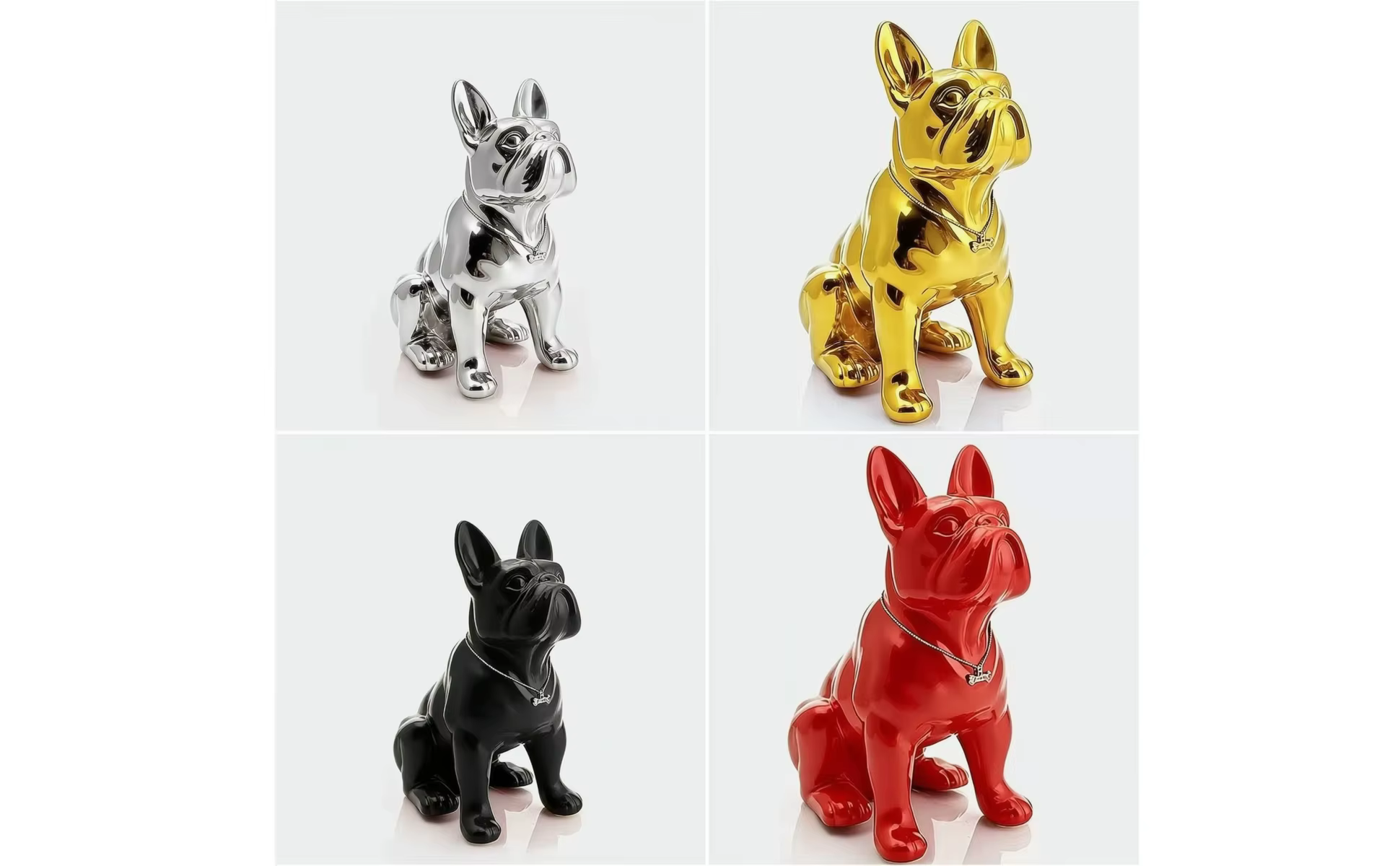 Estatua decorativa de Bulldog Francés desde diferentes ángulos