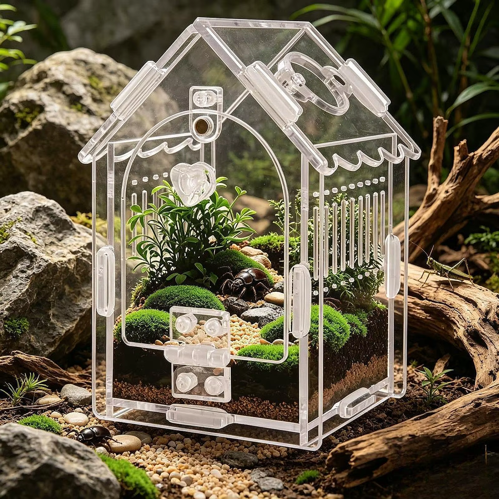 Terrario pequeño para reptiles: recinto ventilado con techo inclinado