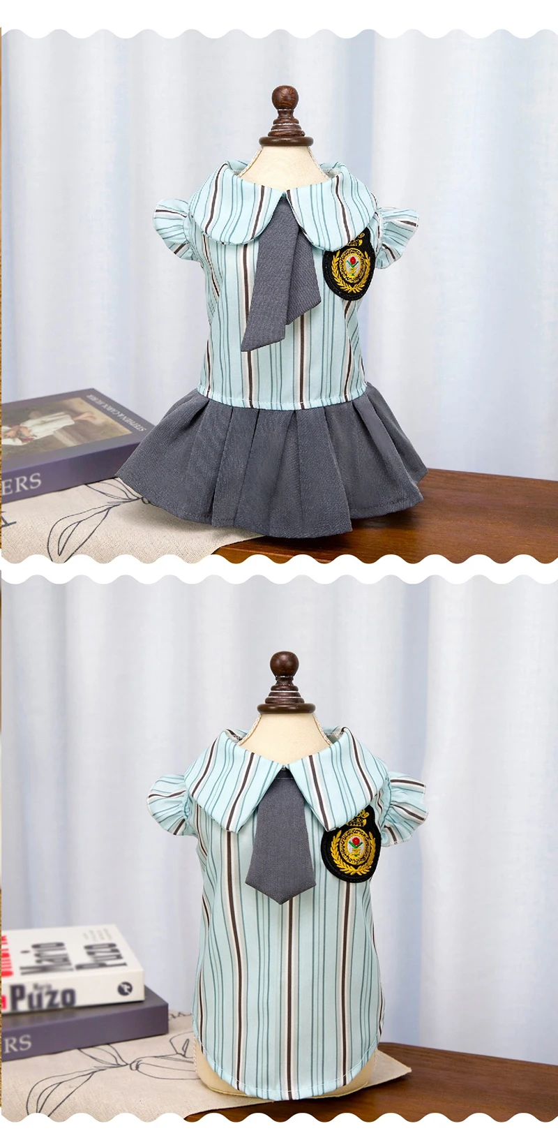 Maltese usando el vestido a rayas con corbata azul