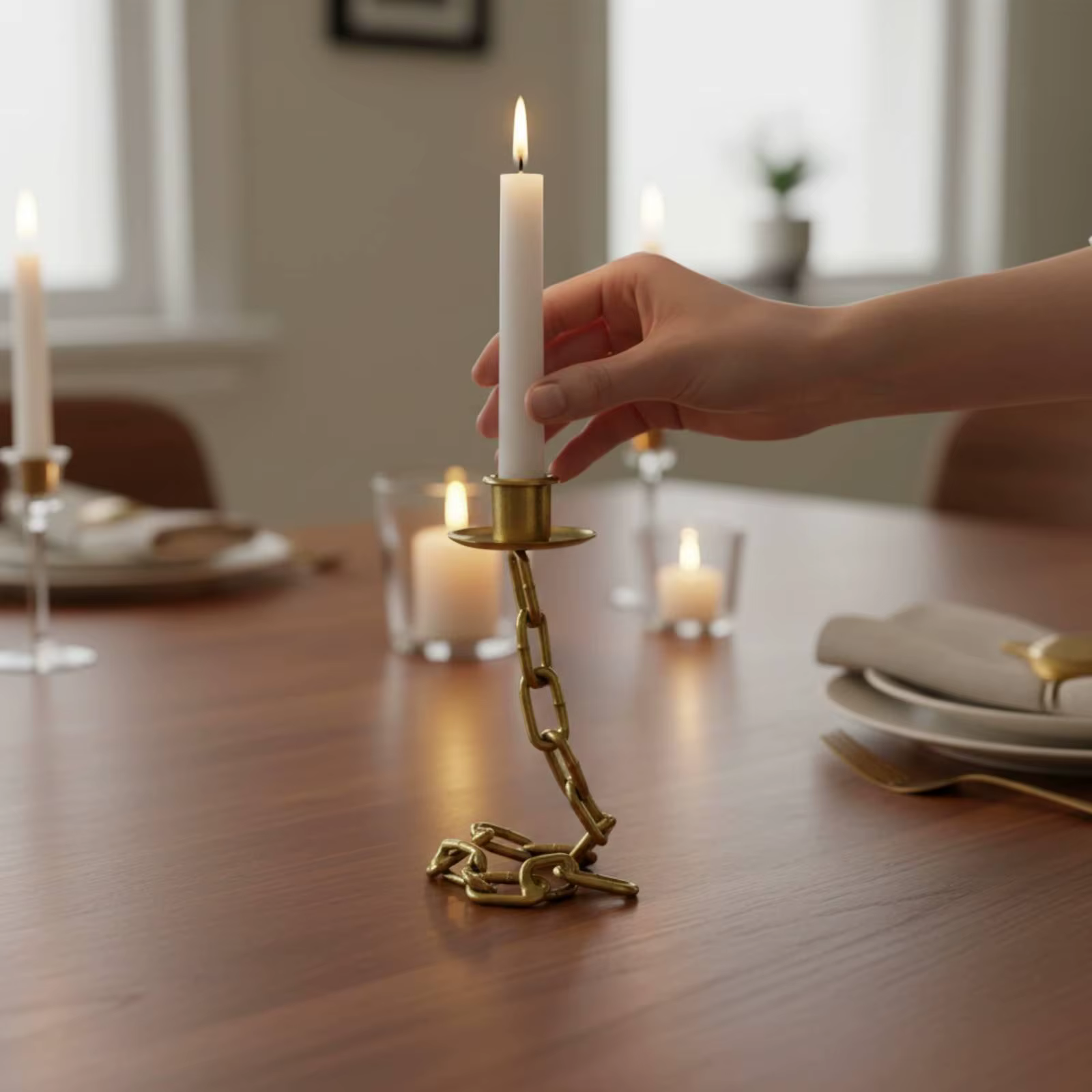 Candelabro Decorativo de Cadena con Eslabones – Centro de Mesa Moderno