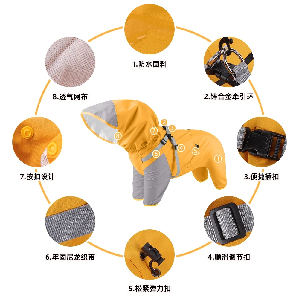 Perro llevando el chubasquero con capucha