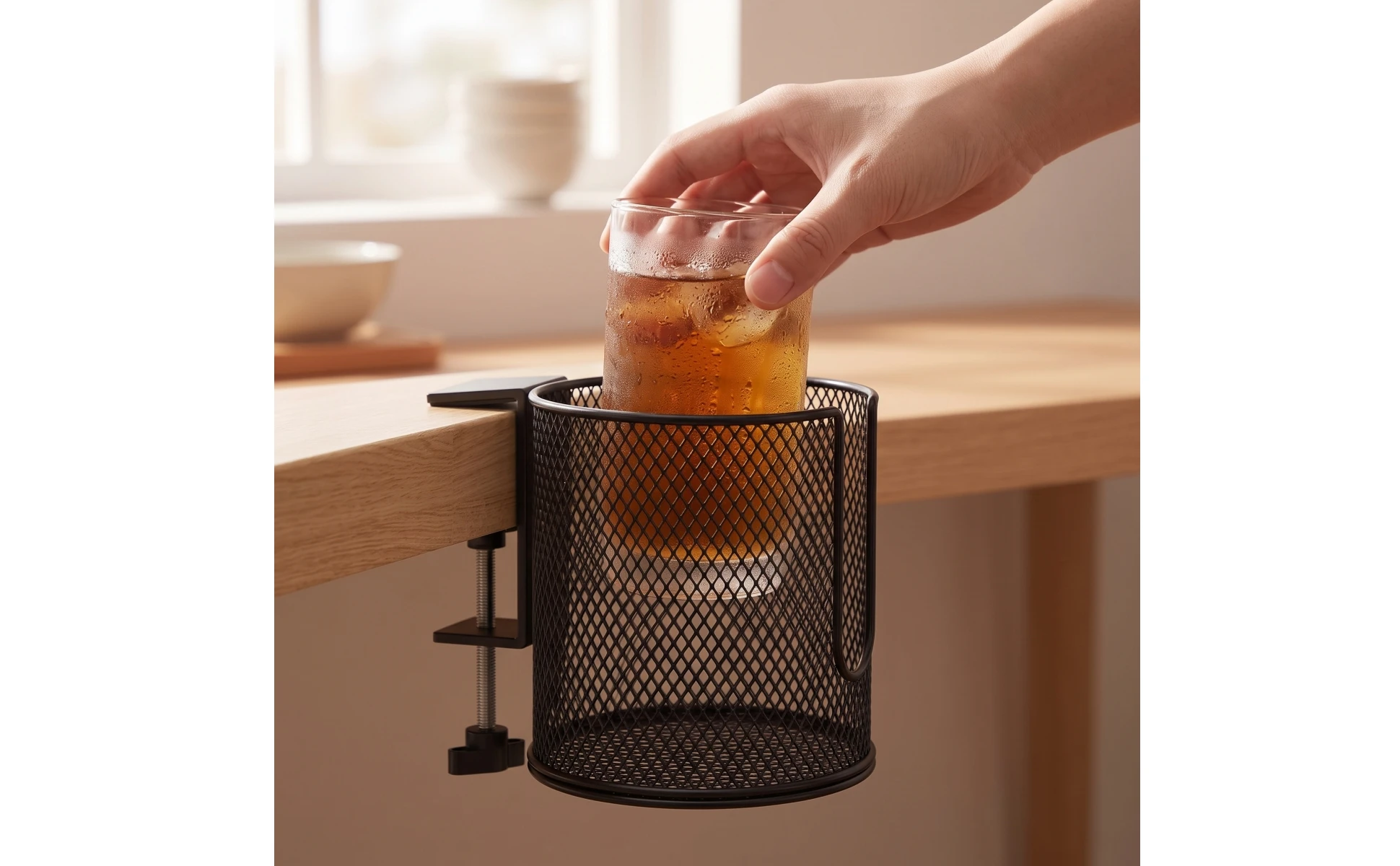 Portavasos con abrazadera junto a portátil y material de oficina