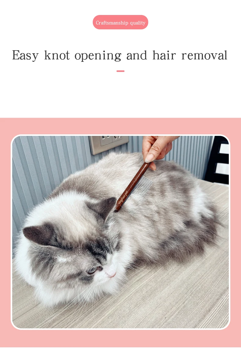 Ejemplo de uso del peine en gato de pelo largo mostrando eliminación de pelo suelto