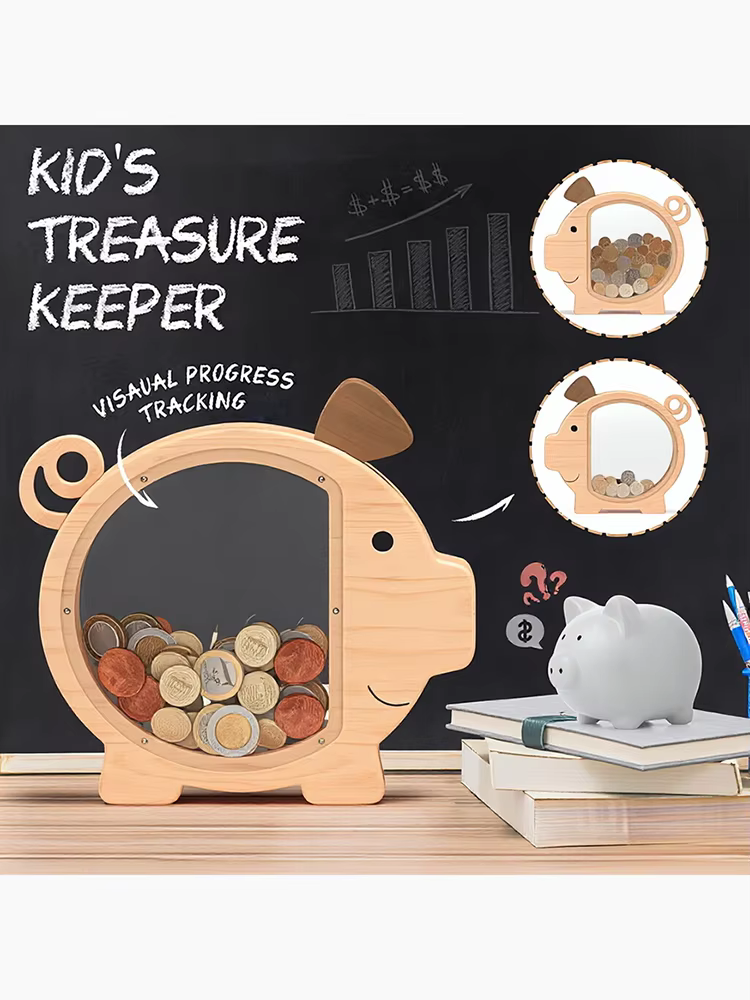 Hucha de cerdito con ventana acrílica transparente