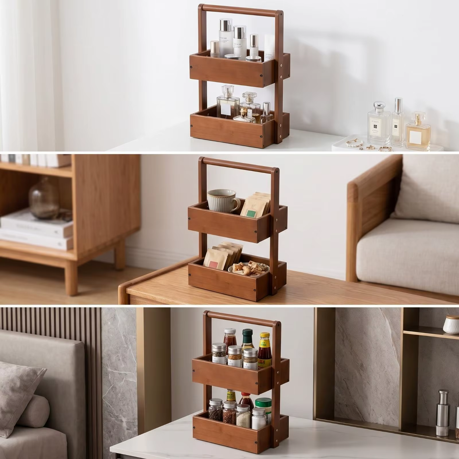 Organizador de madera con asa para encimera – Estantería portátil para baño - imagen 5