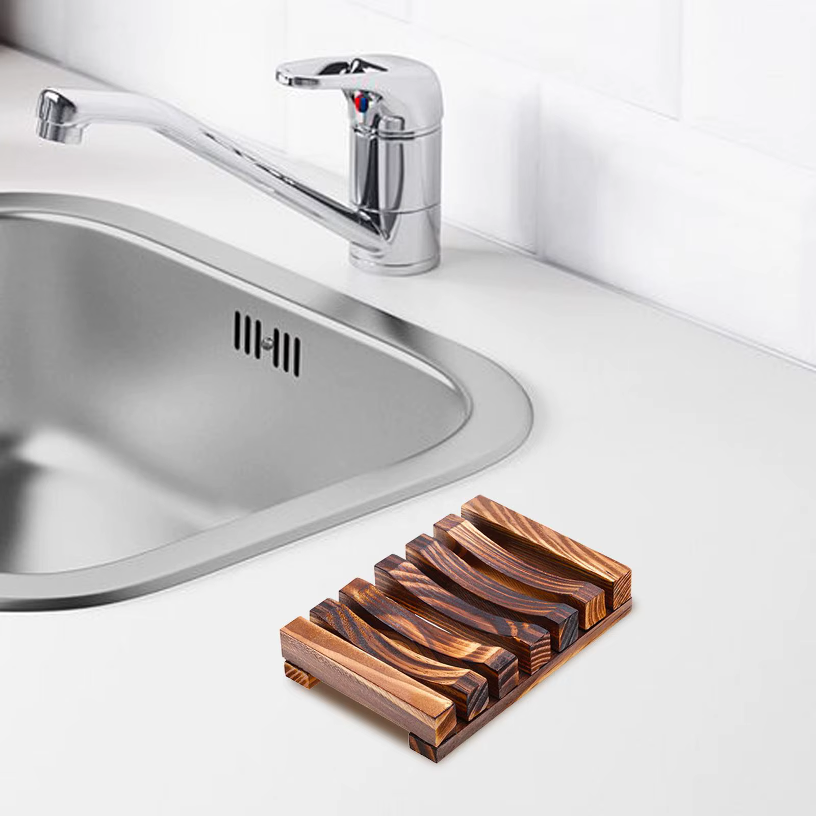 Jabonera de madera con drenaje para baño y cocina