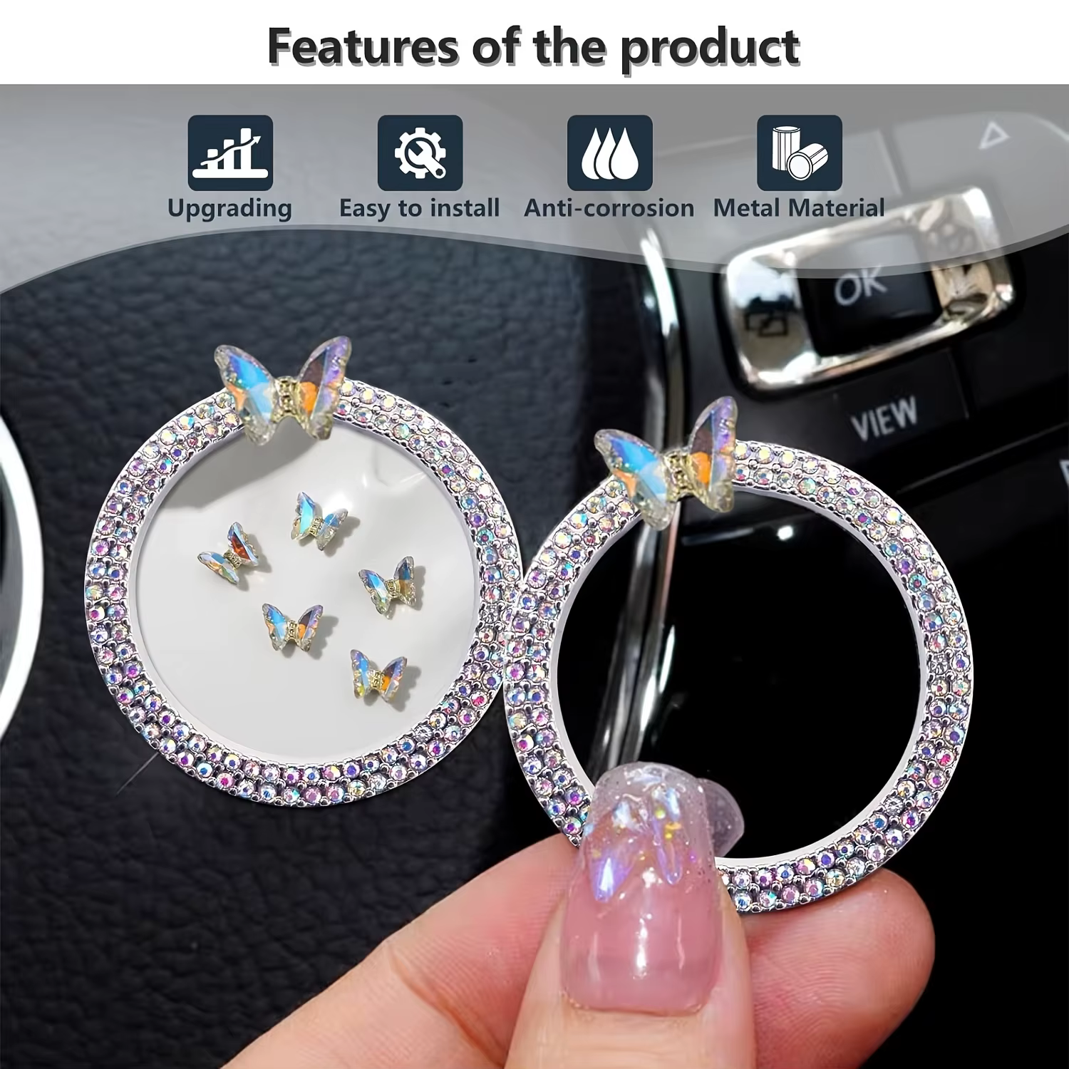Cubre botón de encendido coche mariposa brillante acero inoxidable - imagen 2