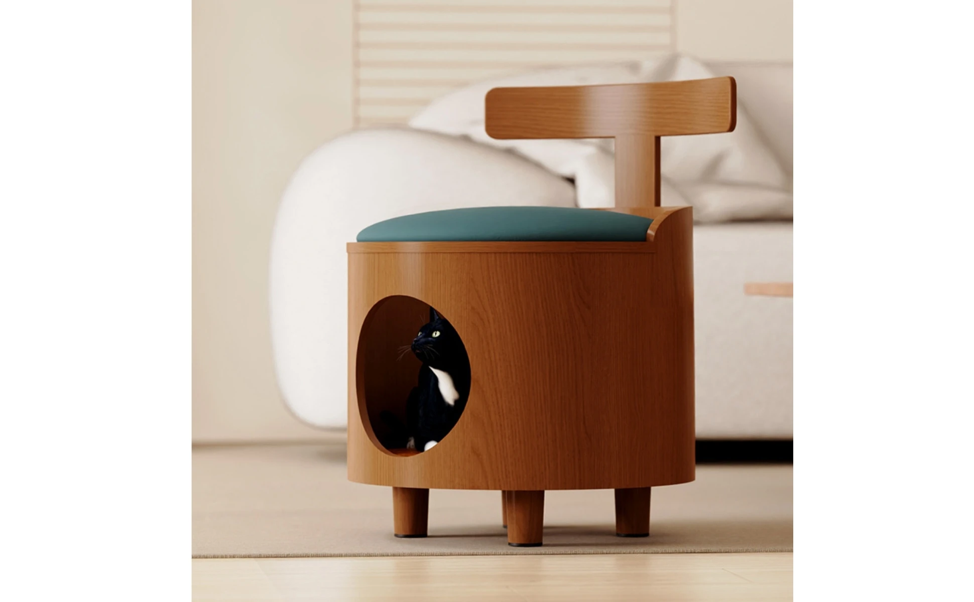 Casa-cama cerrada de madera para gatos, con abertura de entrada y salida